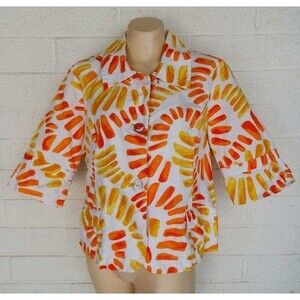 Chico's 2 Large Flower Power Sevile Orange White Cotton Unlined Jacket